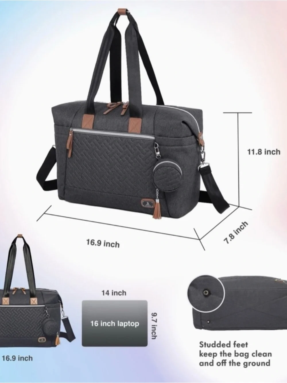 Quilted Gray Baby Diaper Bag Tote with Tassel Charm